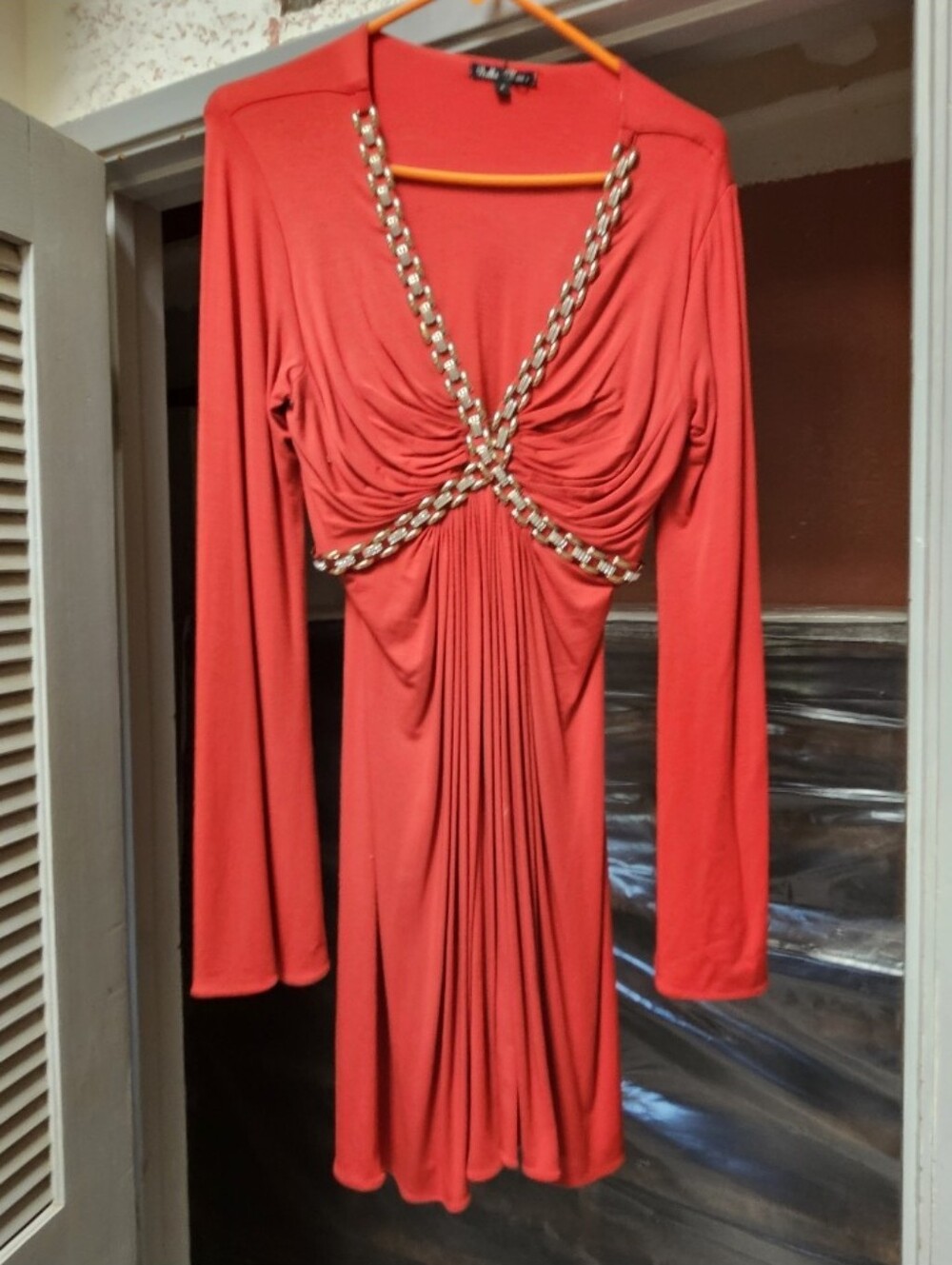 Bella Moon Sexy Red Chain-Trim Long Sleeve Dress
